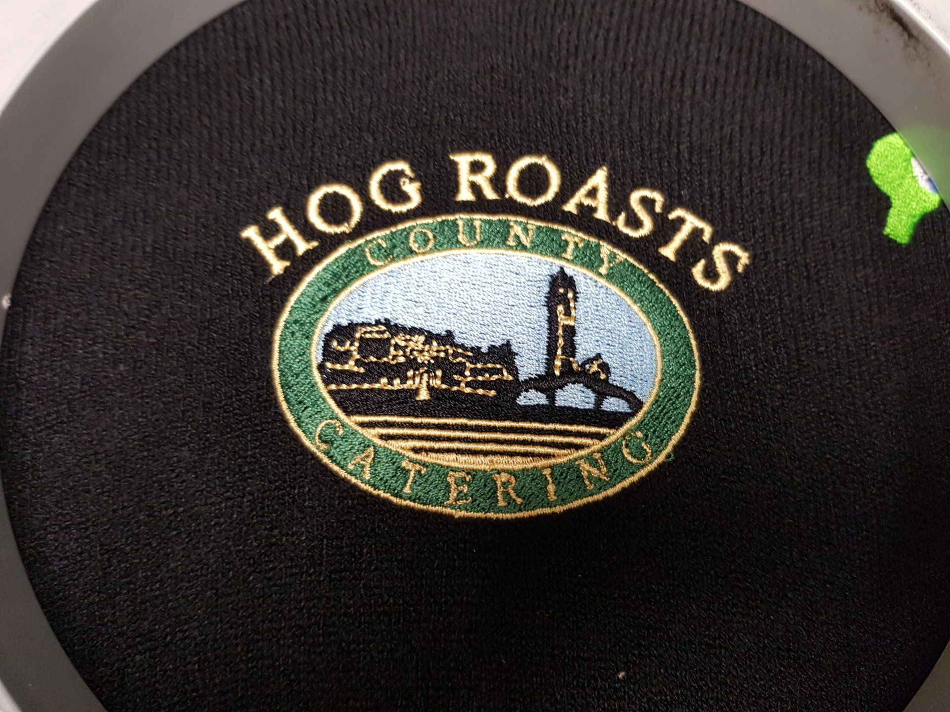Intricate embroidery work for Hog Roasts, black t-shirt