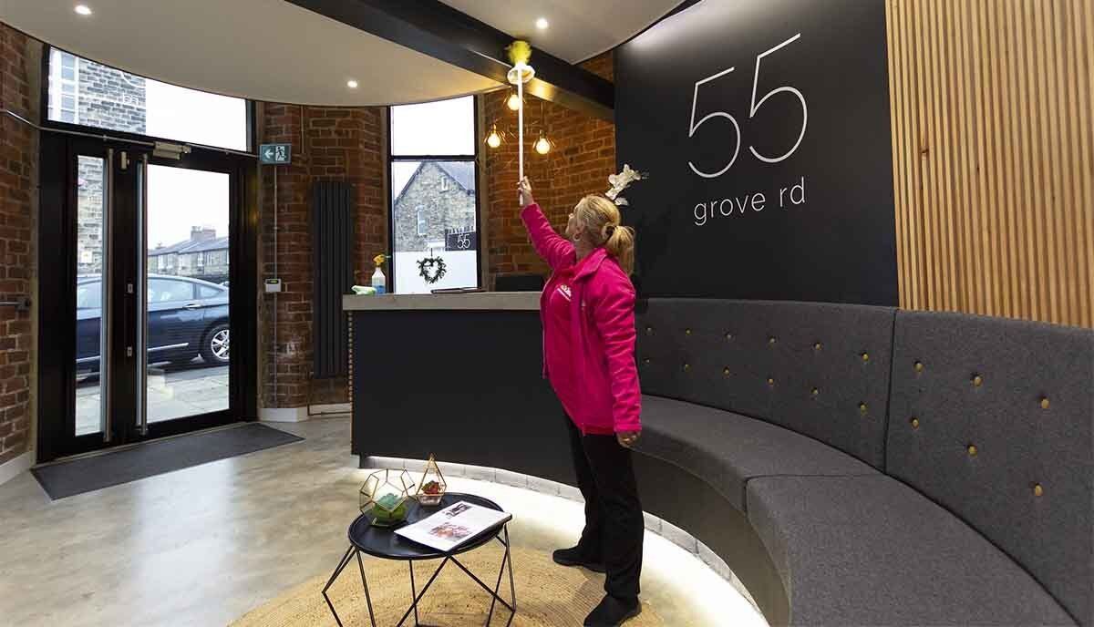 High level dusting in office reception in Harrogate North Yorkshire