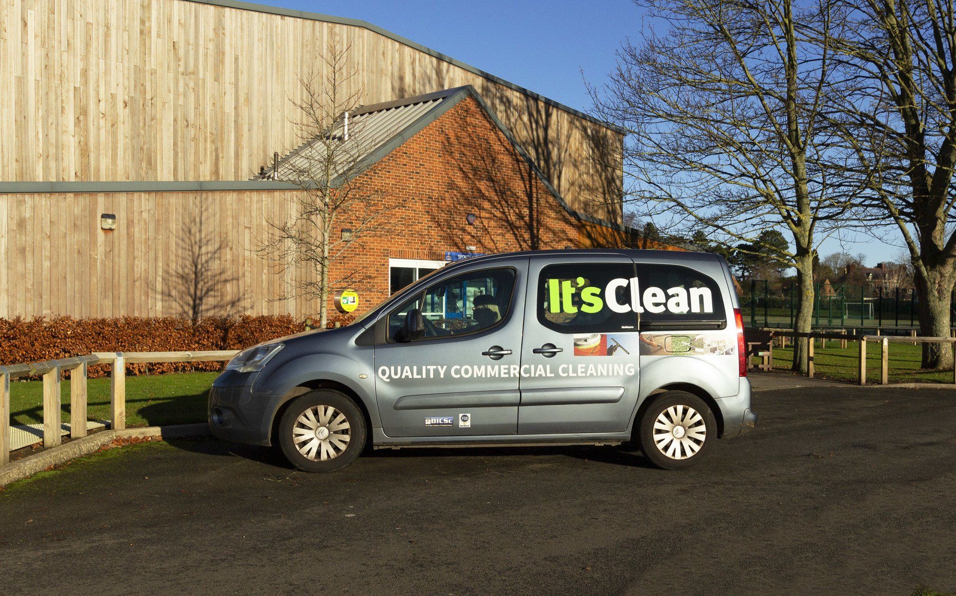 It's Clean van outside a school sports hall in Ripon
