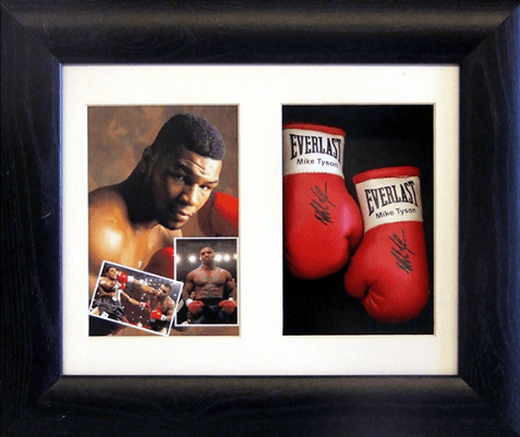 Mike Tyson boxing gloves in wooden box frame Sporting memorabilia in wooden box frame
