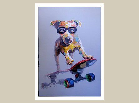 'Skateboarding Dog' stretched canvas in tray frame Contemporary art stretched canvas tray frame