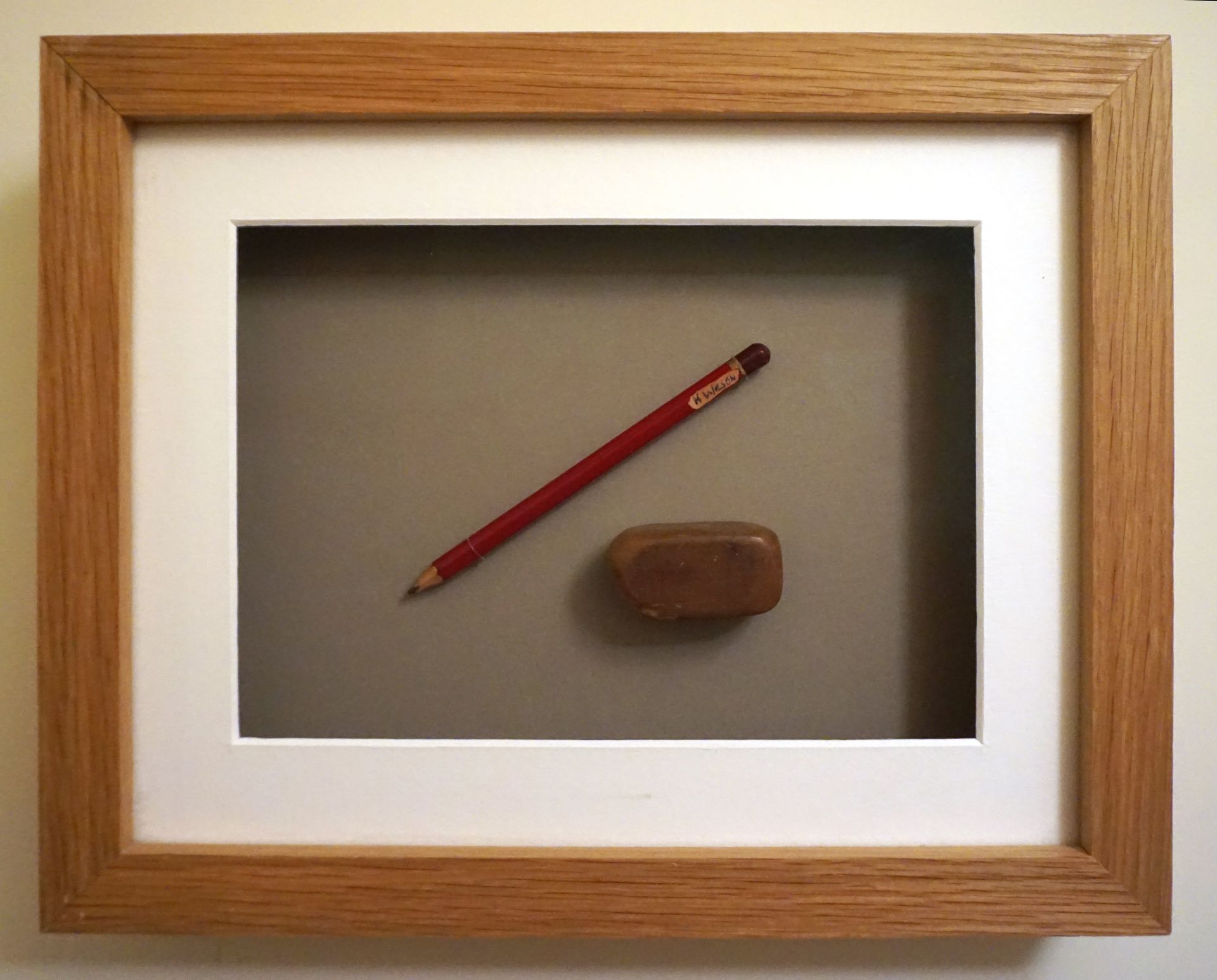 'Pencil & Rubber' heirloom in oak box frame 'Heirloom memory' oak box frame