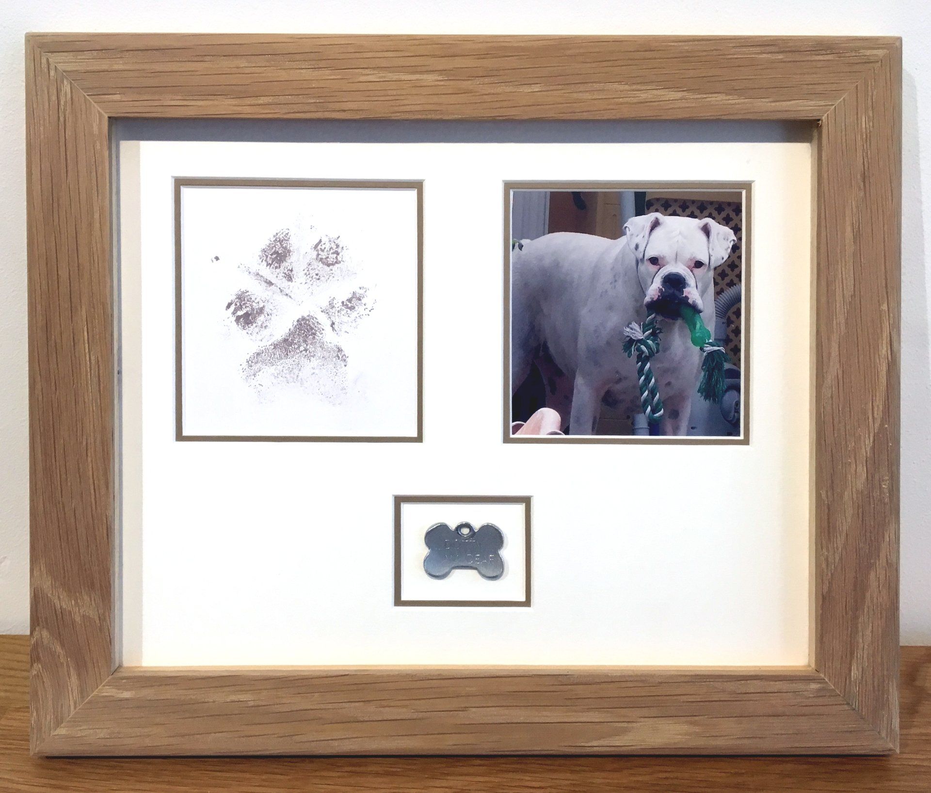 Paw Print & Tag display frame - solid oak & double mount Paw print and Tag display of a much missed pet dog