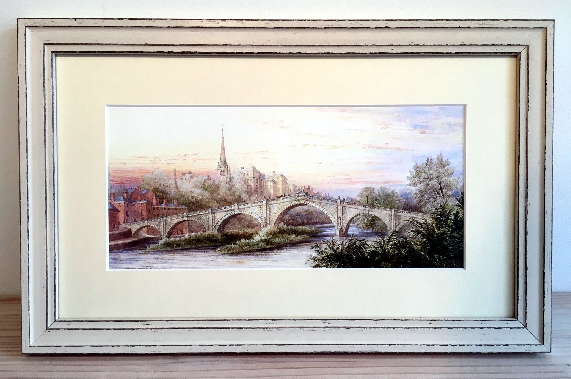 The English Bridge Shrewsbury, in white contemporary frame English Bridge Shrewsbury print white frame