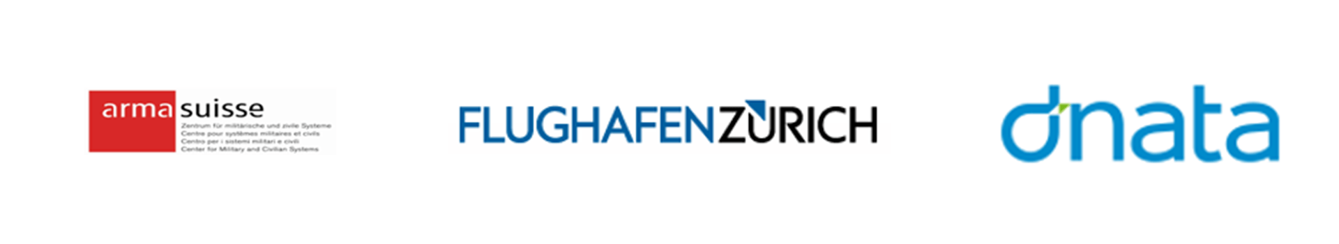 Drei Logos für verschiedene Unternehmen, darunter Flughafen Zürich und DNATA