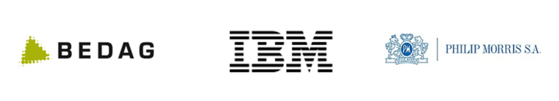Trois logos dont ibm et bedag sont sur fond blanc