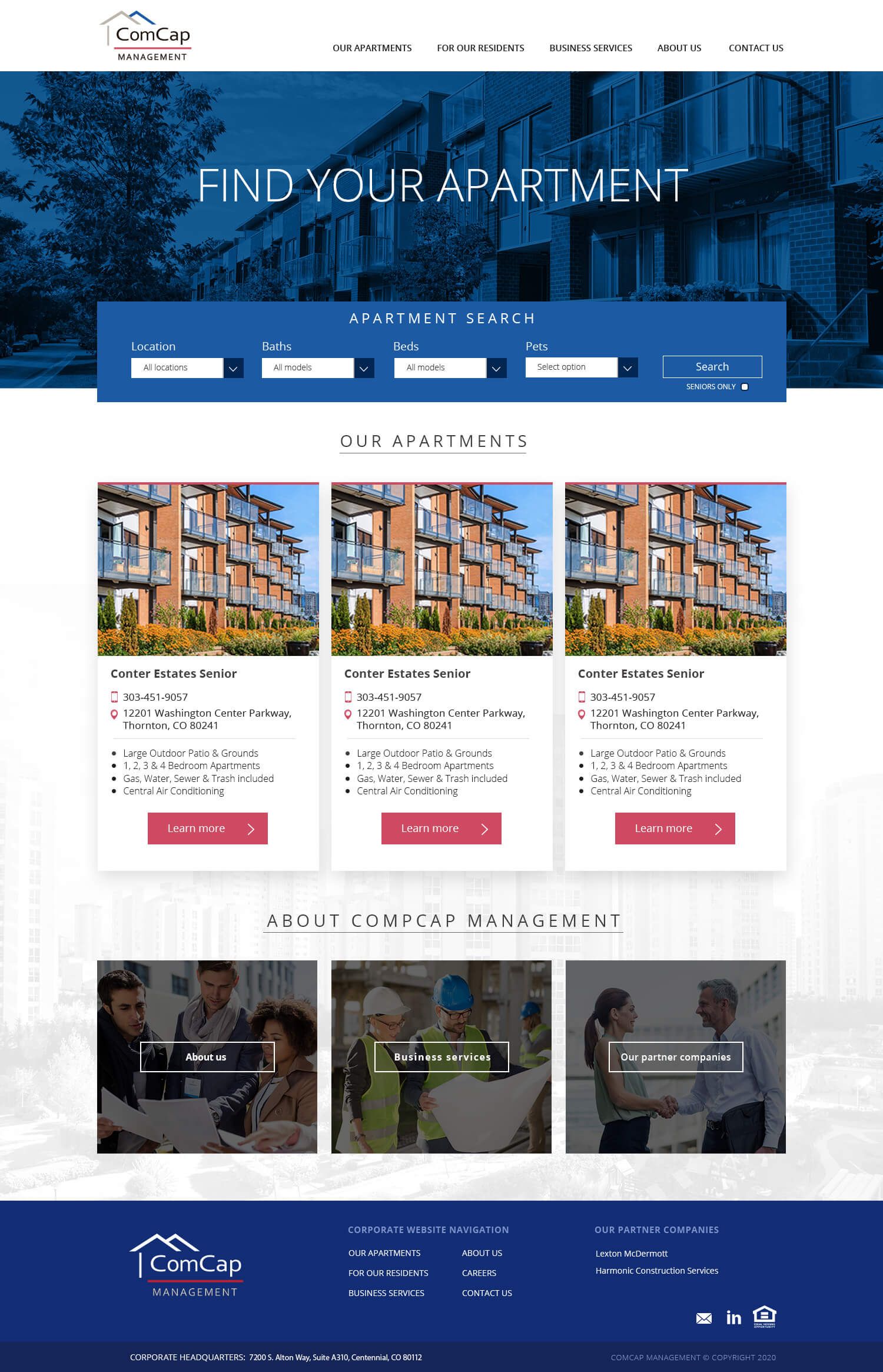 Website homepage: blue-themed apartment search with search bar and featured properties.