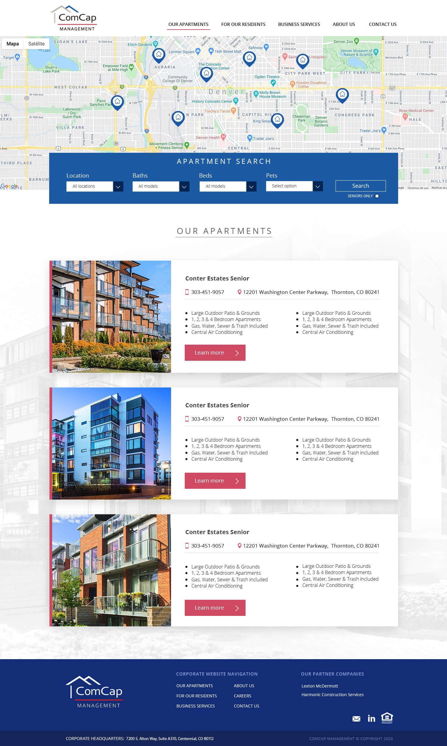 Real estate website homepage with a map, search bar, and apartment listings.