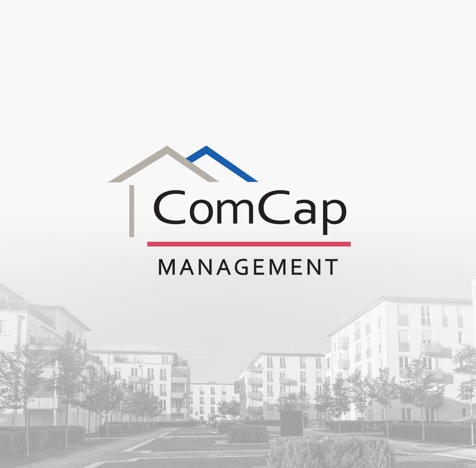 Logo of ComCap Management with a house icon in gray and blue above the company name.