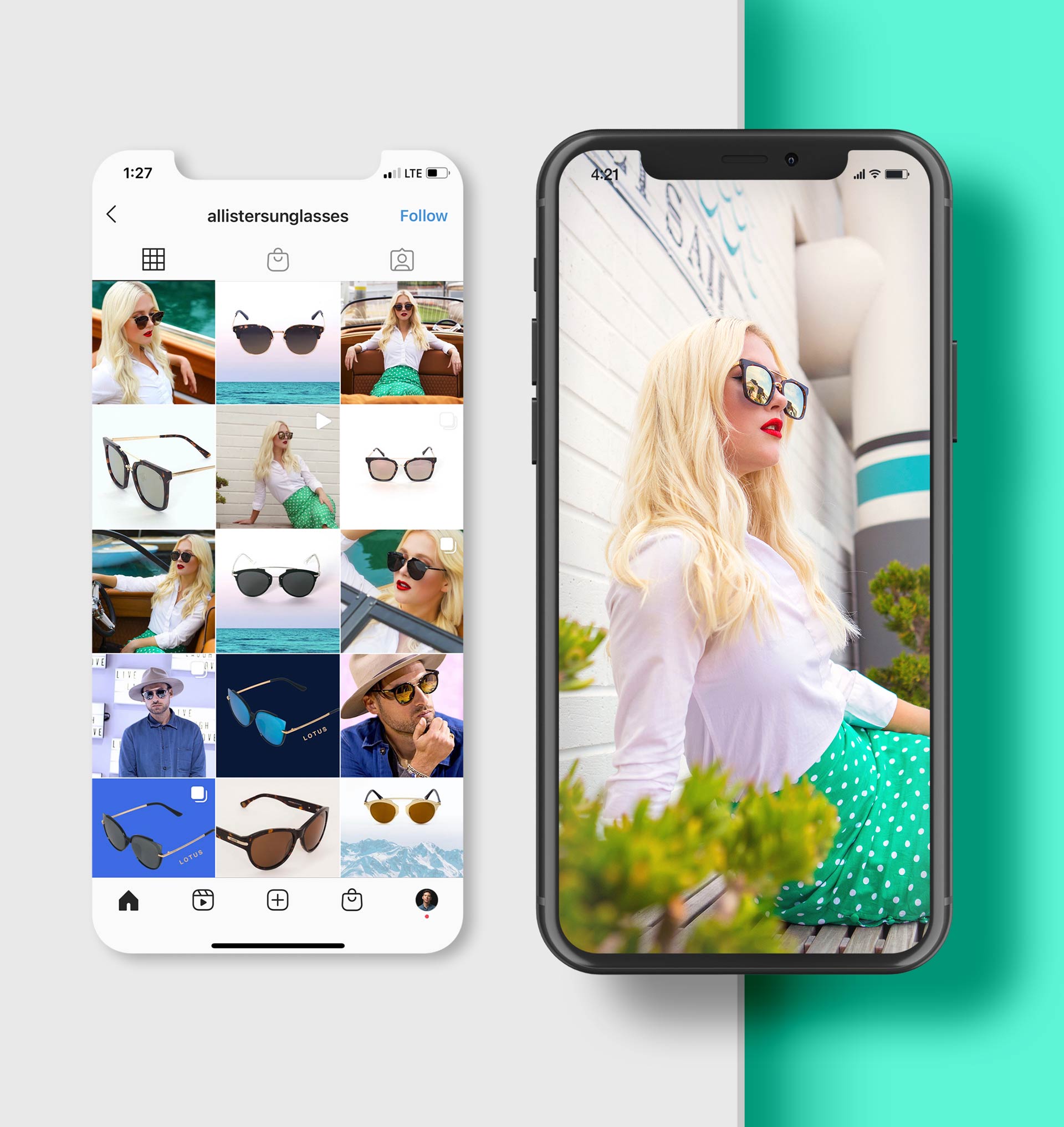 Instagram feed and photo of a woman in sunglasses and green skirt.