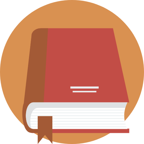 A red book with a bookmark on it is in a circle.