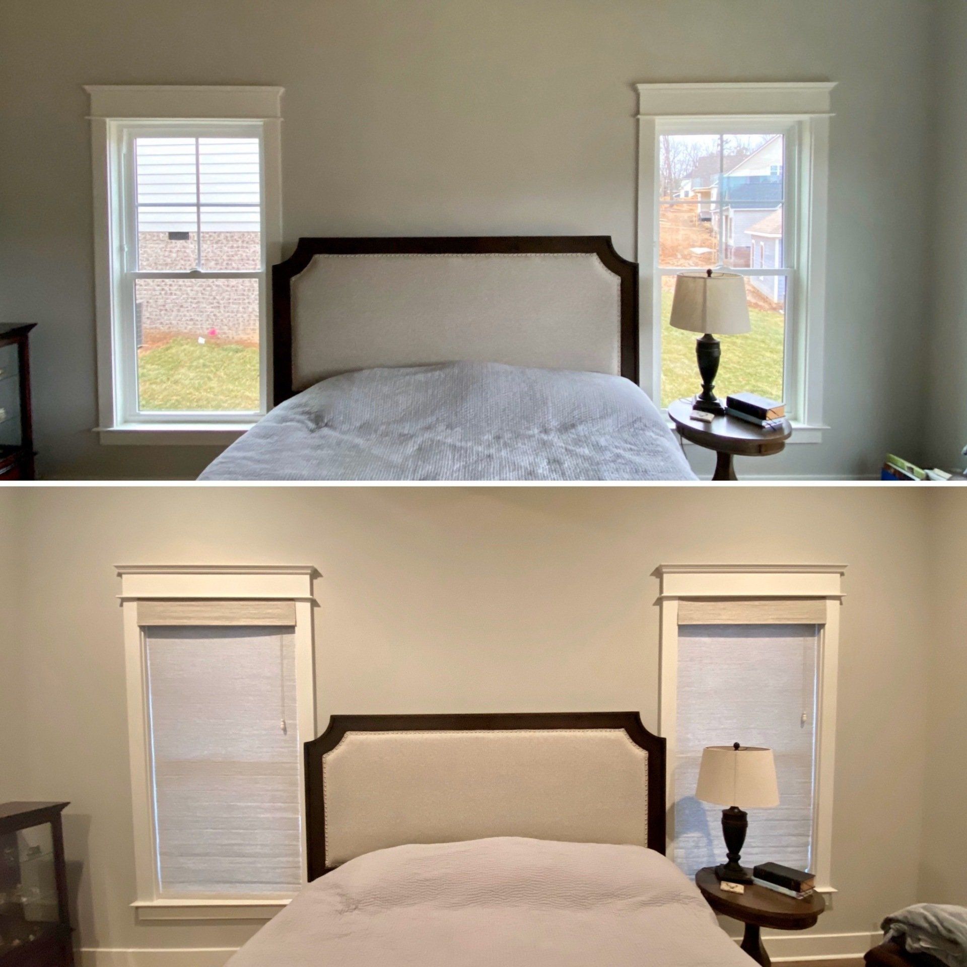 A before and after photo of a bedroom with a bed and windows
