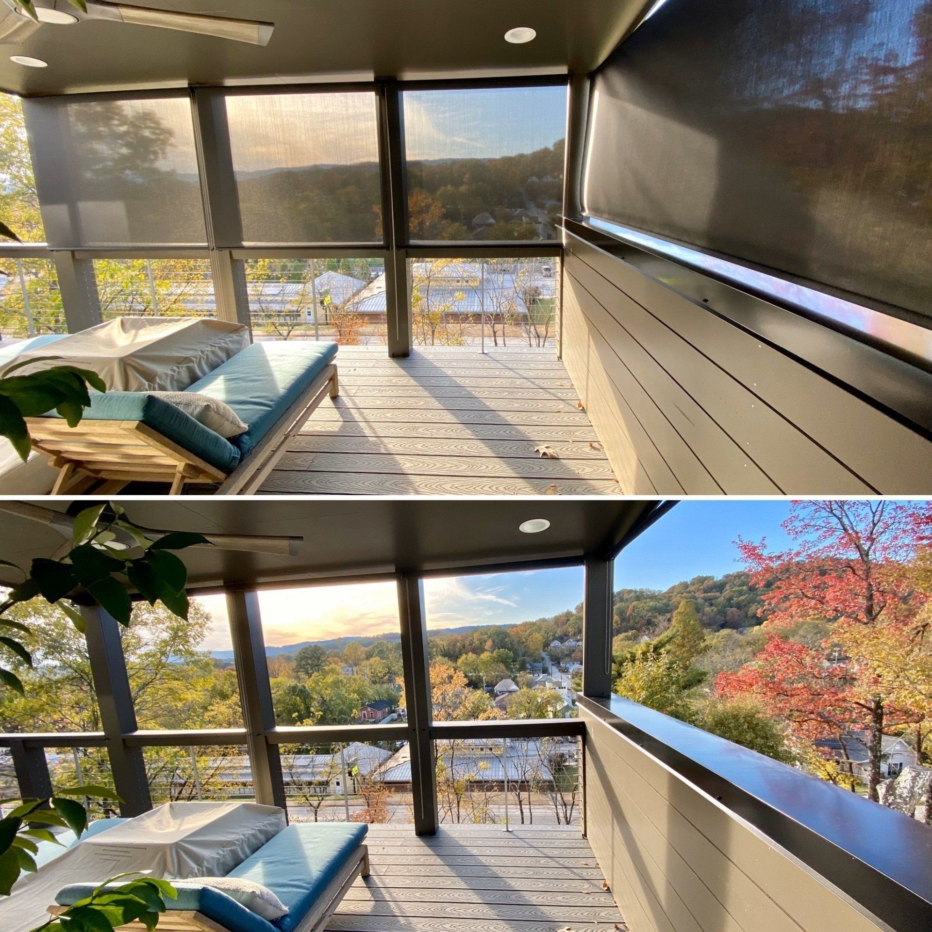 A screened in porch with a view of the mountains