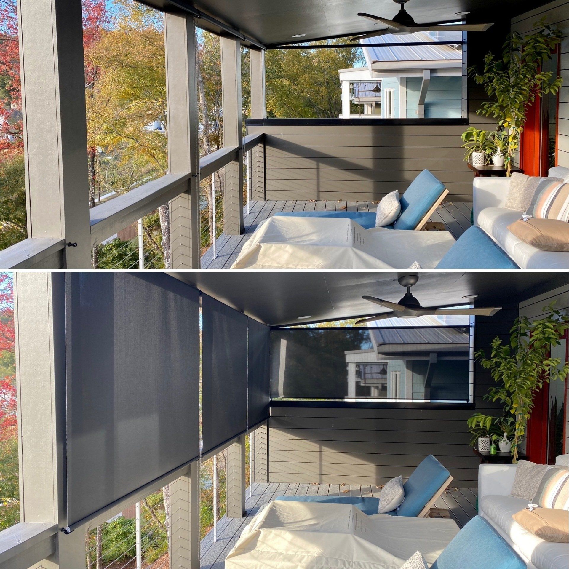 A balcony with a couch and a ceiling fan