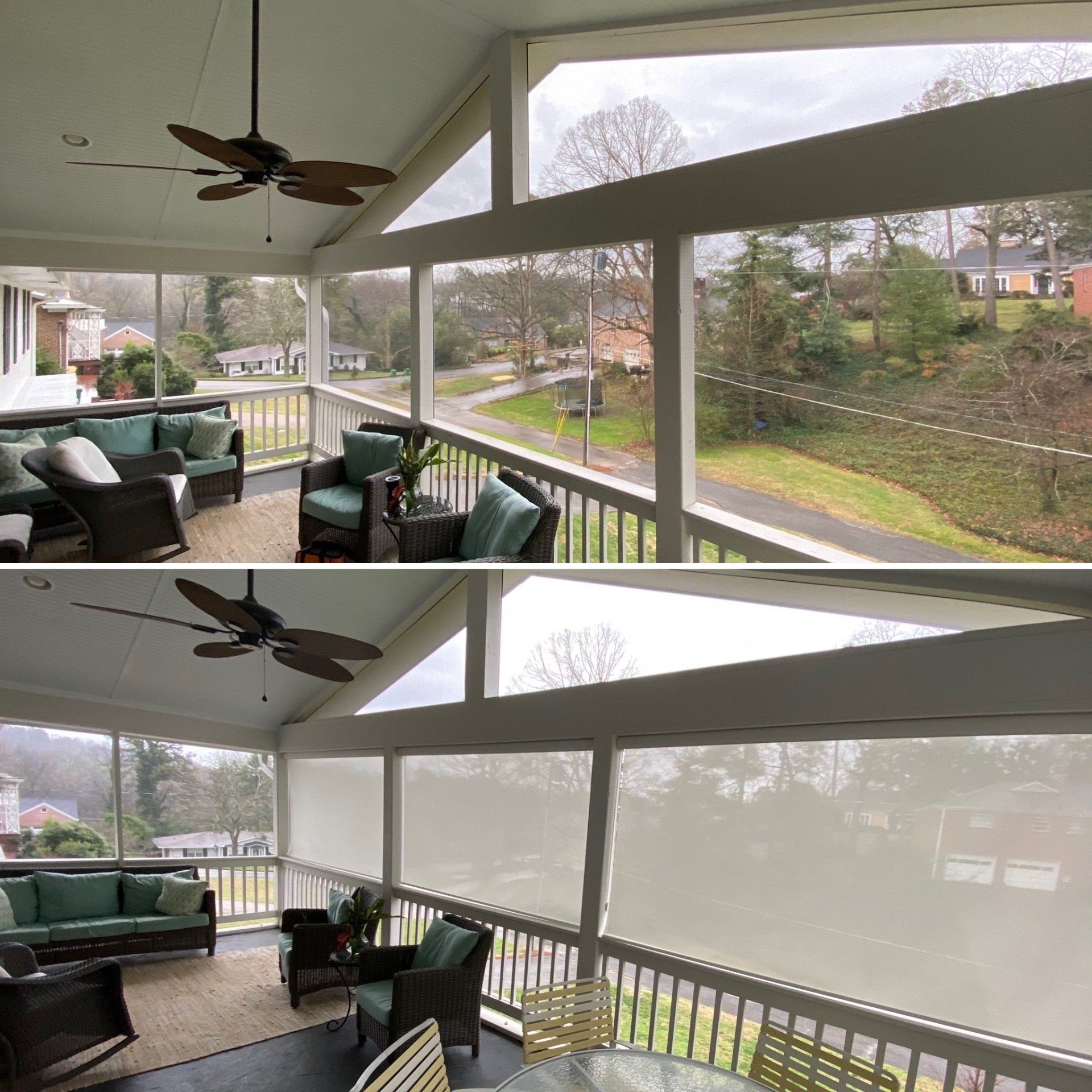 A screened in porch with a lot of windows and a ceiling fan