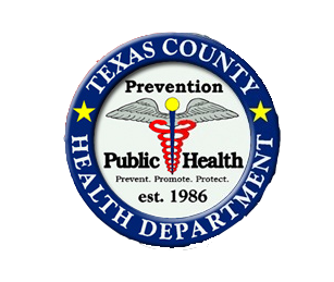 Texas County Health Department Public Health logo with blue seal and red caduceus