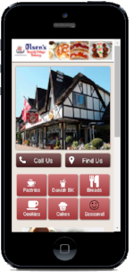 Smartphone showing a restaurant app with building photo and red menu buttons for call, directions, food, drinks, coupons, cafe, reservation