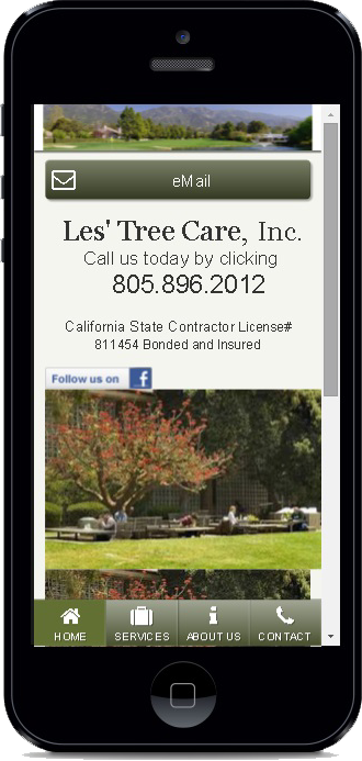 Smartphone screen showing the Les'Tree Care, Inc. landscaping website with a lawn photo and contact number.