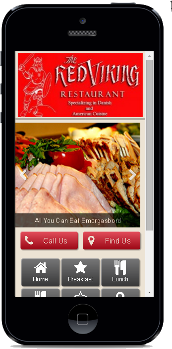 Smartphone displaying the Red Viking Restaurant app with food photos and menu buttons