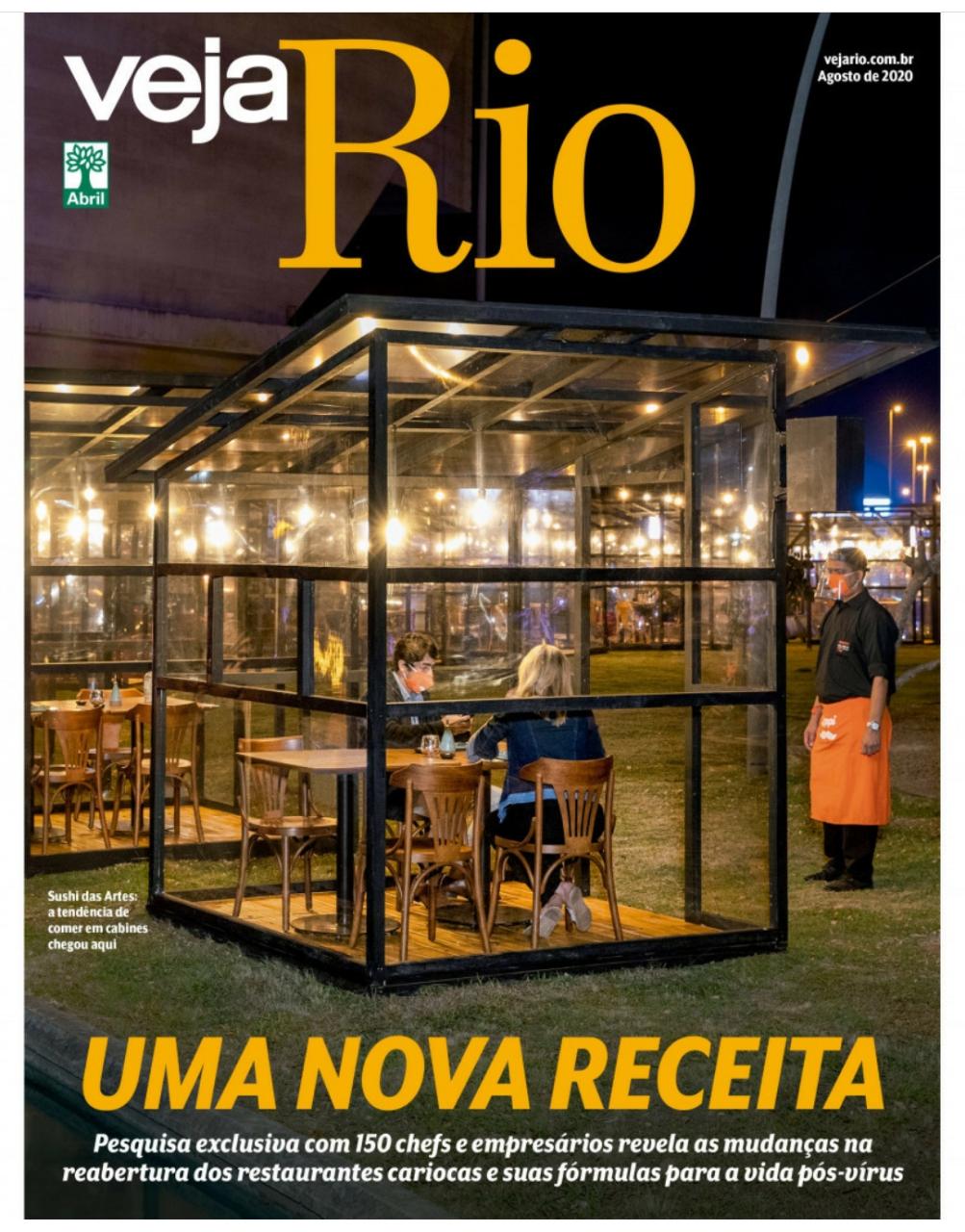 A capa da revista veja rio mostra um restaurante com mesas e cadeiras