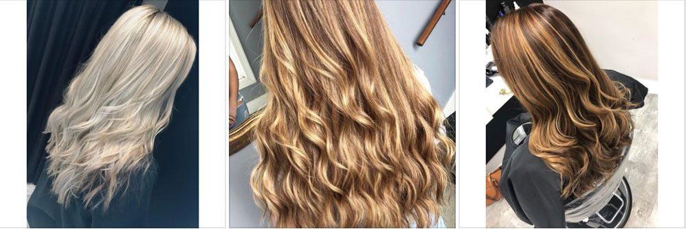 a collage of three pictures of women with long hair .