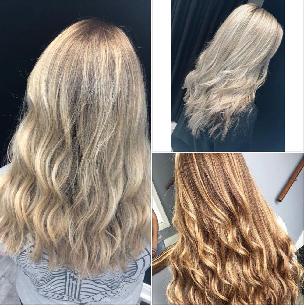 a woman with long wavy blonde hair