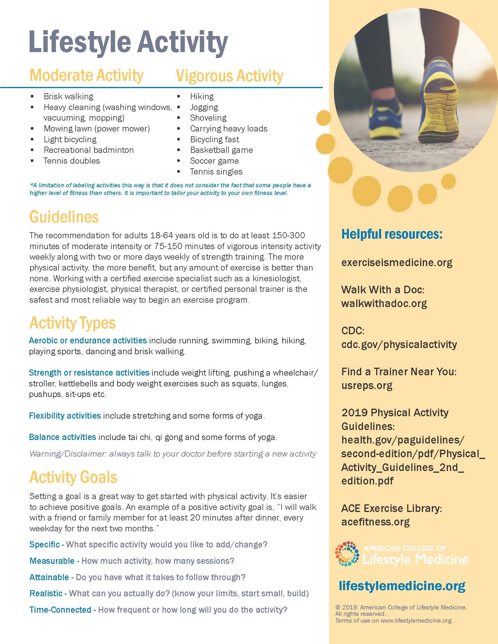 Informational graphic about moderate and vigorous lifestyle activities, with walking legs in the background.