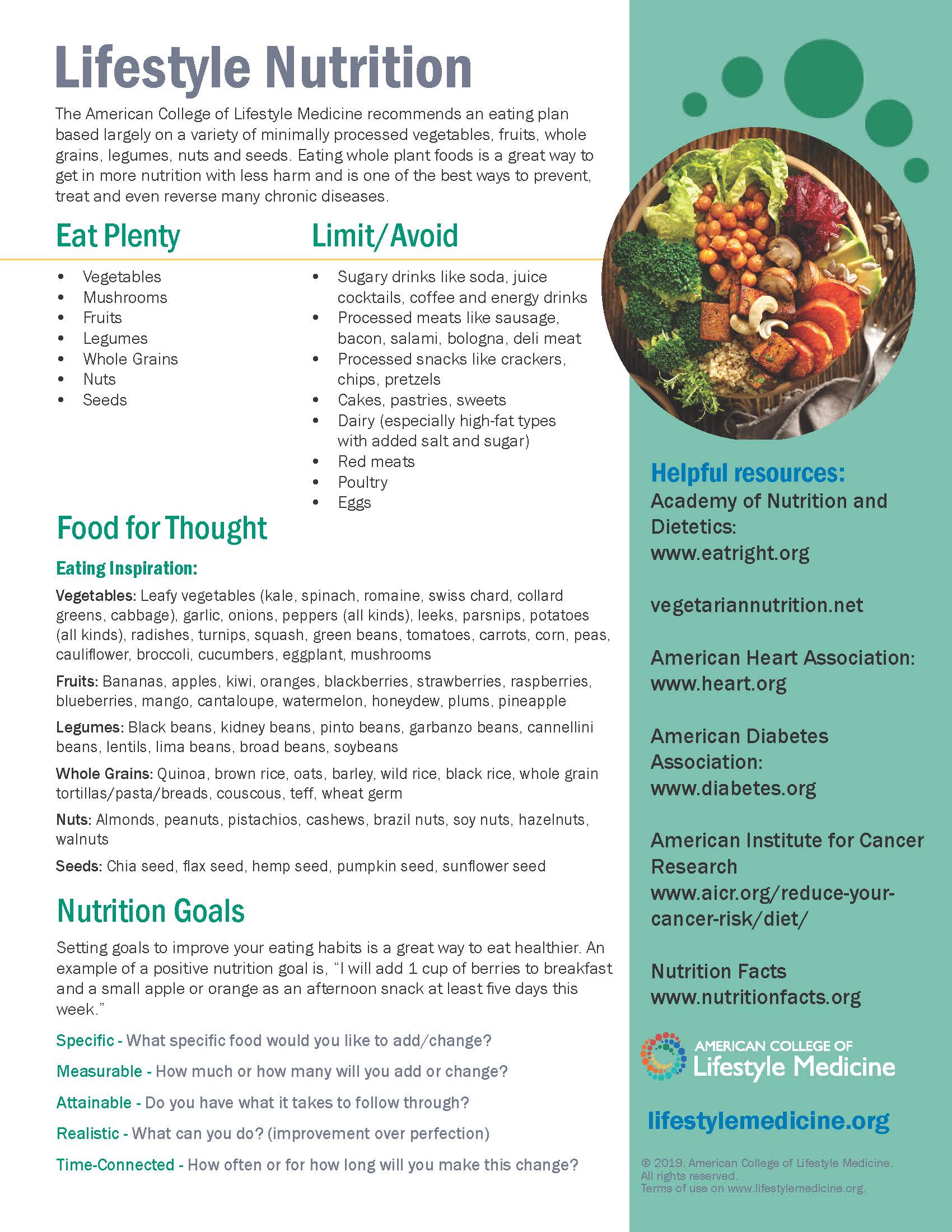 Brochure about lifestyle nutrition with healthy food image and diet tips.
