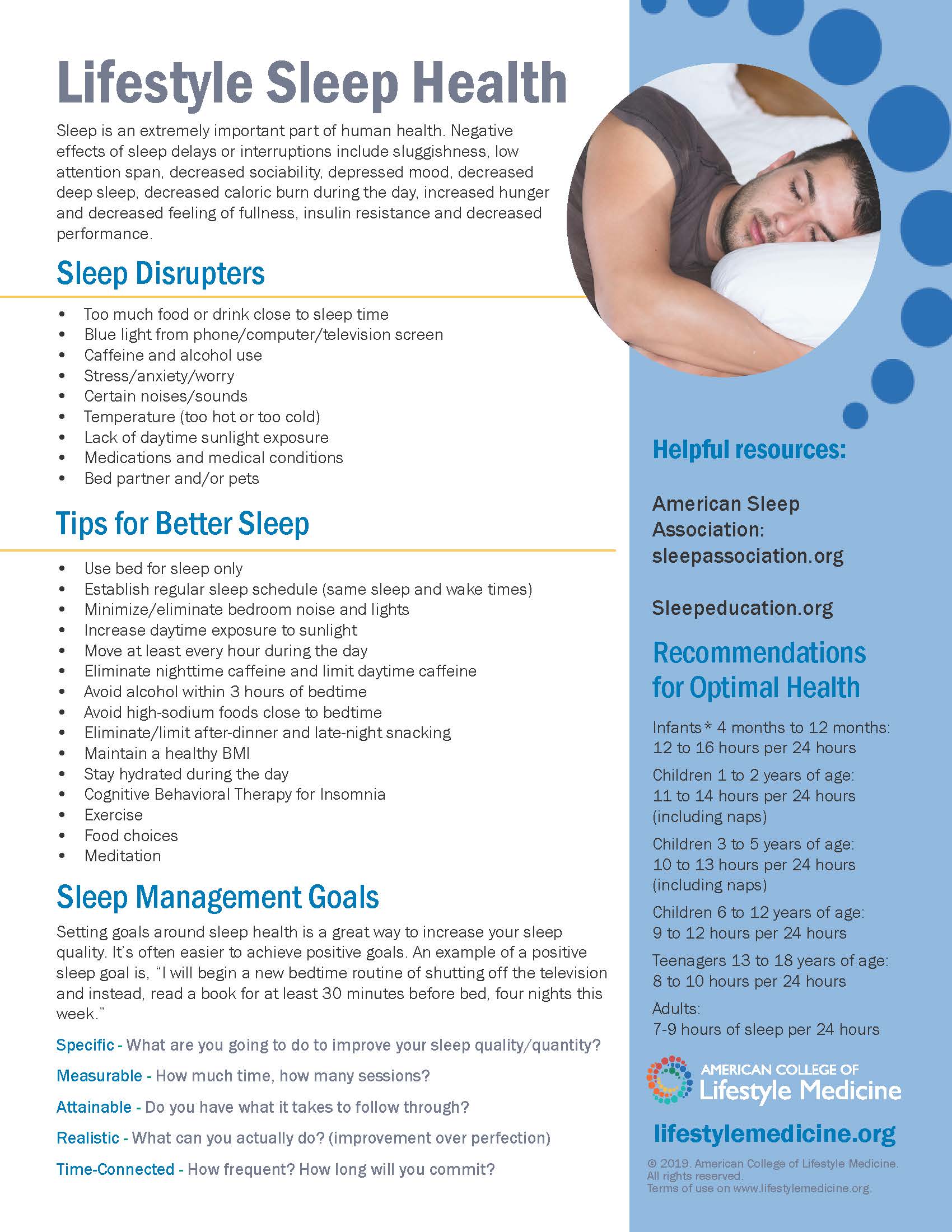 Flyer about sleep health: includes tips, disruptors, and management goals; features a sleeping man.