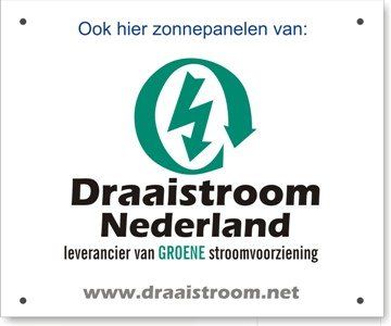 Draaisstroom Nederland logo op wit bord met groene cirkel en bliksemschicht, plus websiteadres.