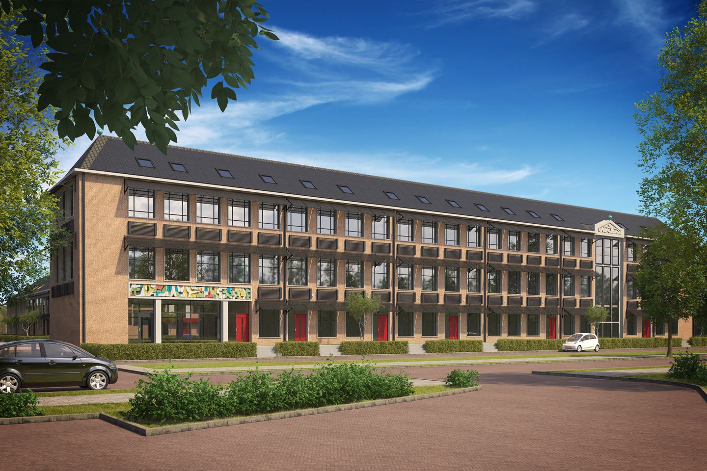 Een bakstenen gebouw van drie verdiepingen met winkels op de begane grond, bomen en geparkeerde auto's onder een blauwe hemel.
