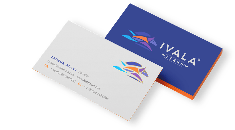 Two business cards are stacked on top of each other on a white surface.