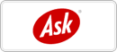 A red and white logo for ask on a white background.