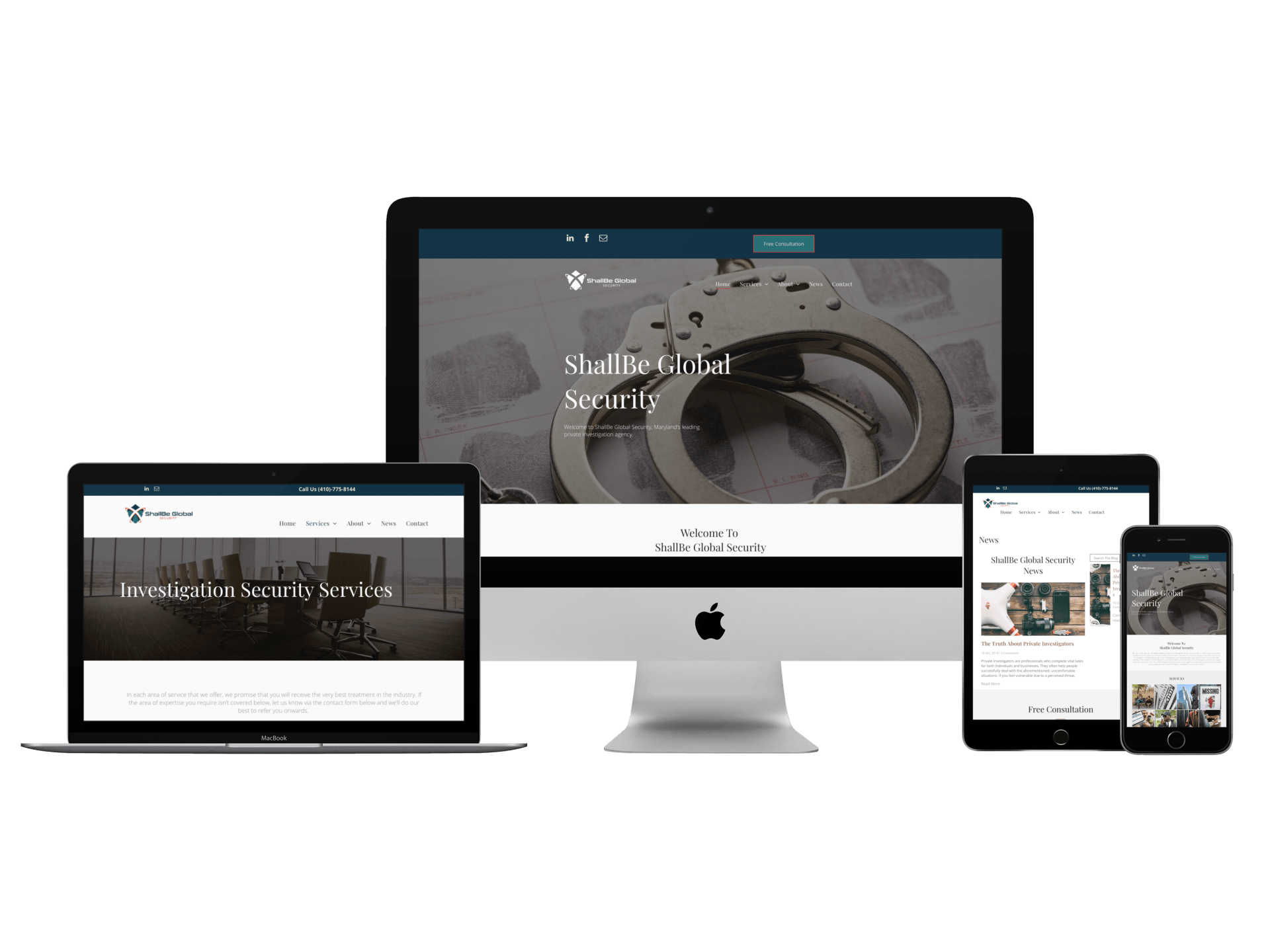 A computer , laptop , tablet , and phone are displaying a website.