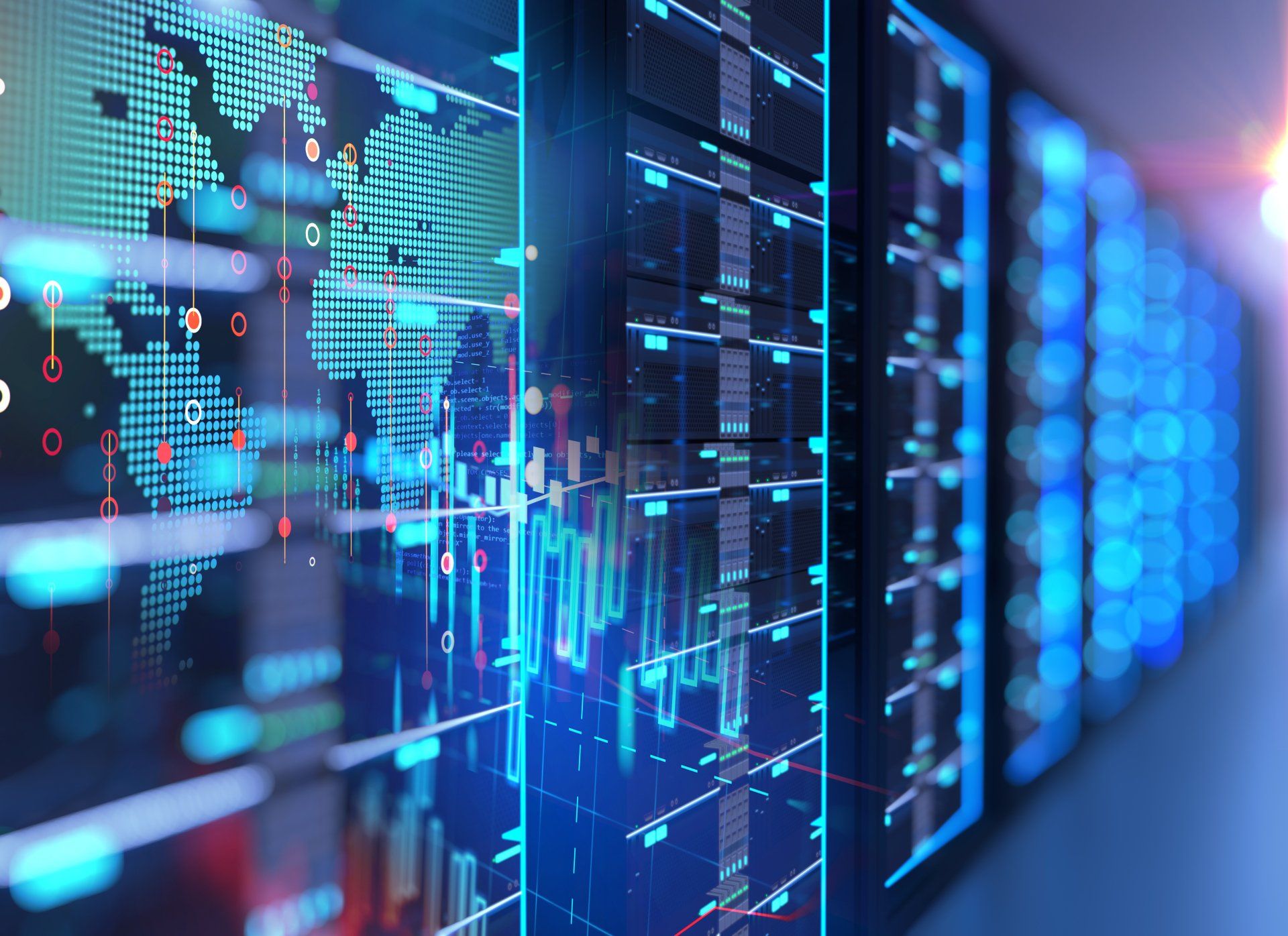 A row of servers in a data center with a map of the world on the screen.