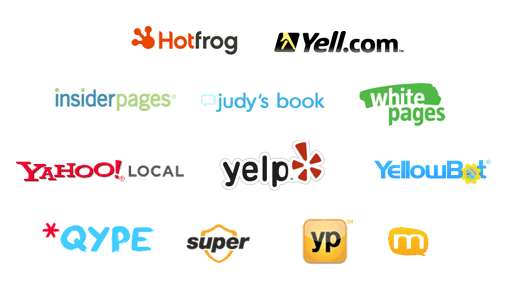 A bunch of logos on a white background including hotfrog and yelp