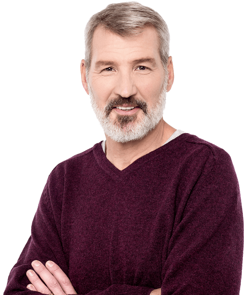 Mature man with crossed arms, smiling. Gray hair and beard, wearing a maroon sweater.