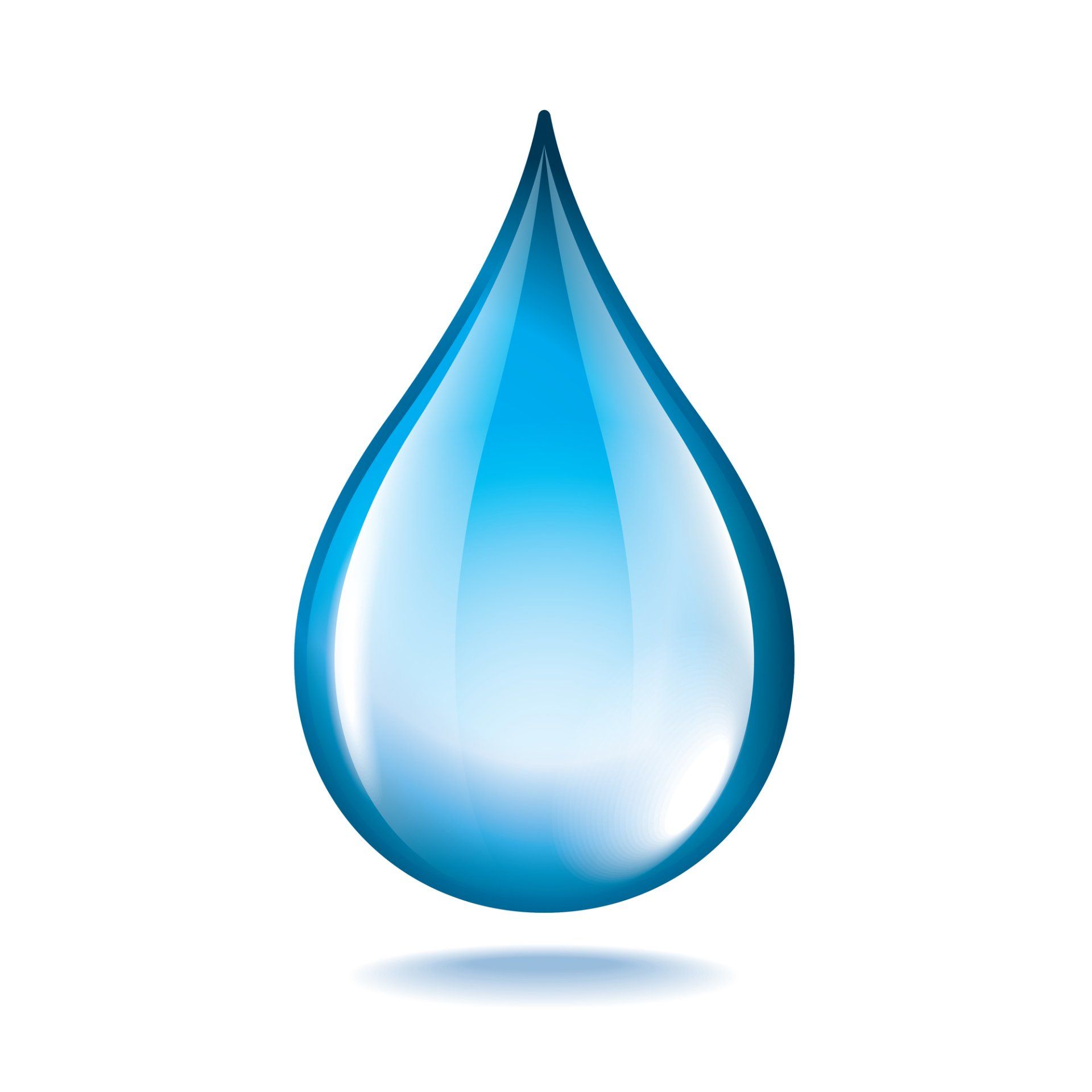 Blue water droplet with a glossy, transparent appearance.