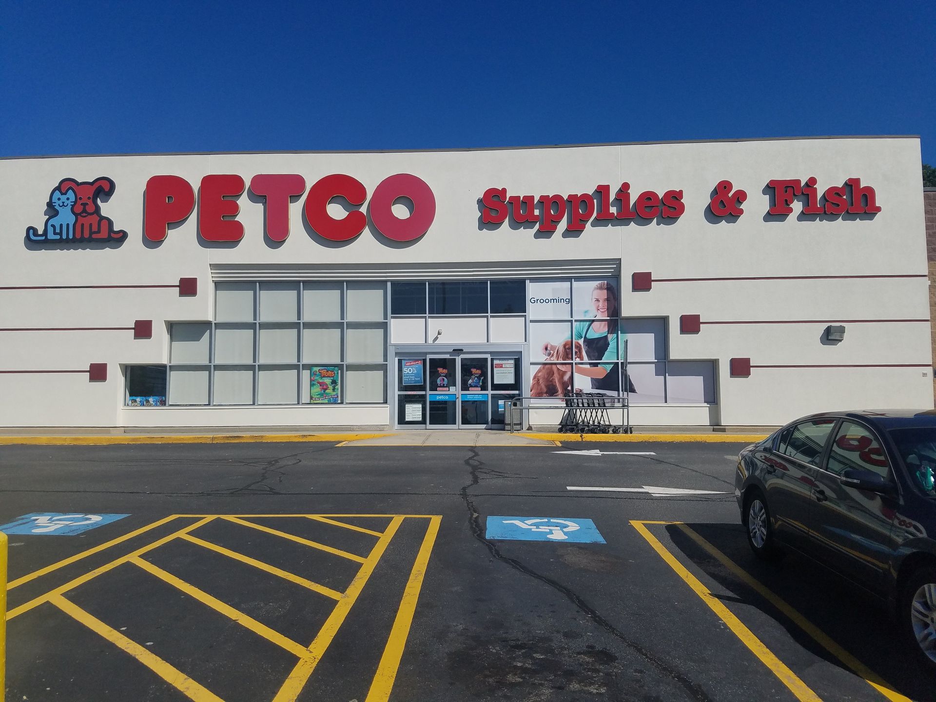 PETCO store front with red and white signage, blue sky, and parked car.