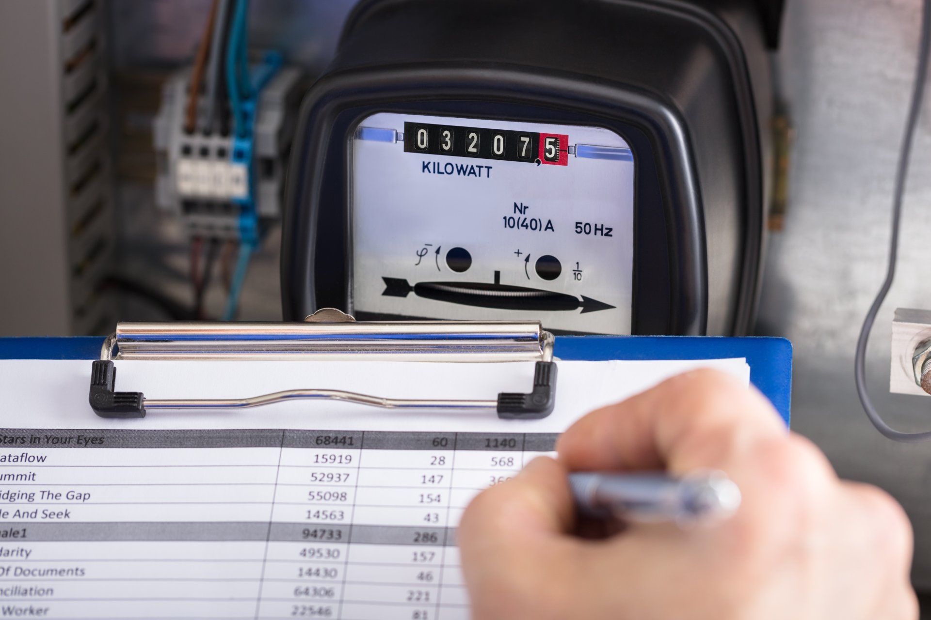 A person is writing on a clipboard in front of an electric meter.