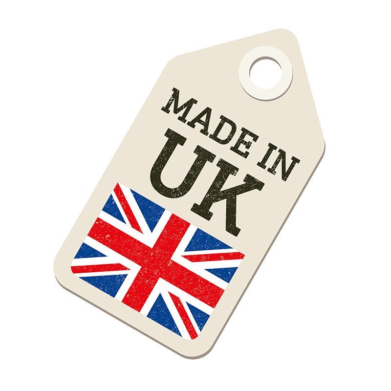 A tag that says made in uk with a british flag on it