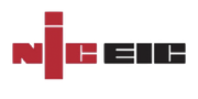 A red and black logo for nic eic on a white background