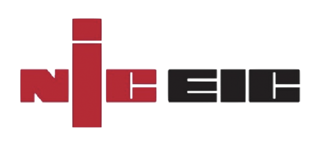 A red and black logo for nic eic on a white background