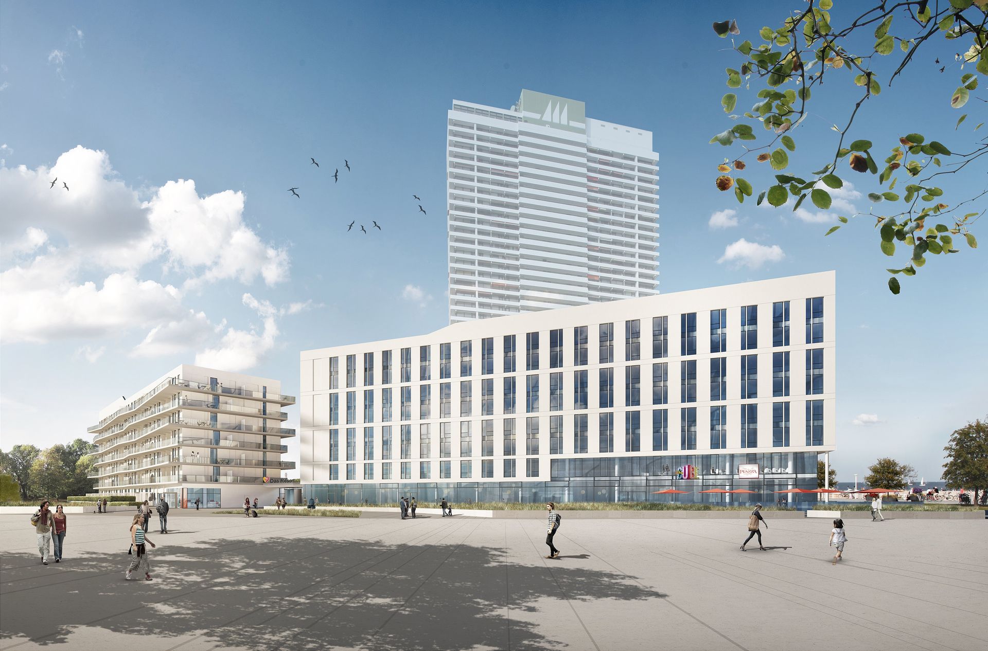 Darstellung moderner Gebäude: ein weißes, mittelhohes Gebäude und ein hoher Turm, Menschen, die im Freien spazieren gehen.