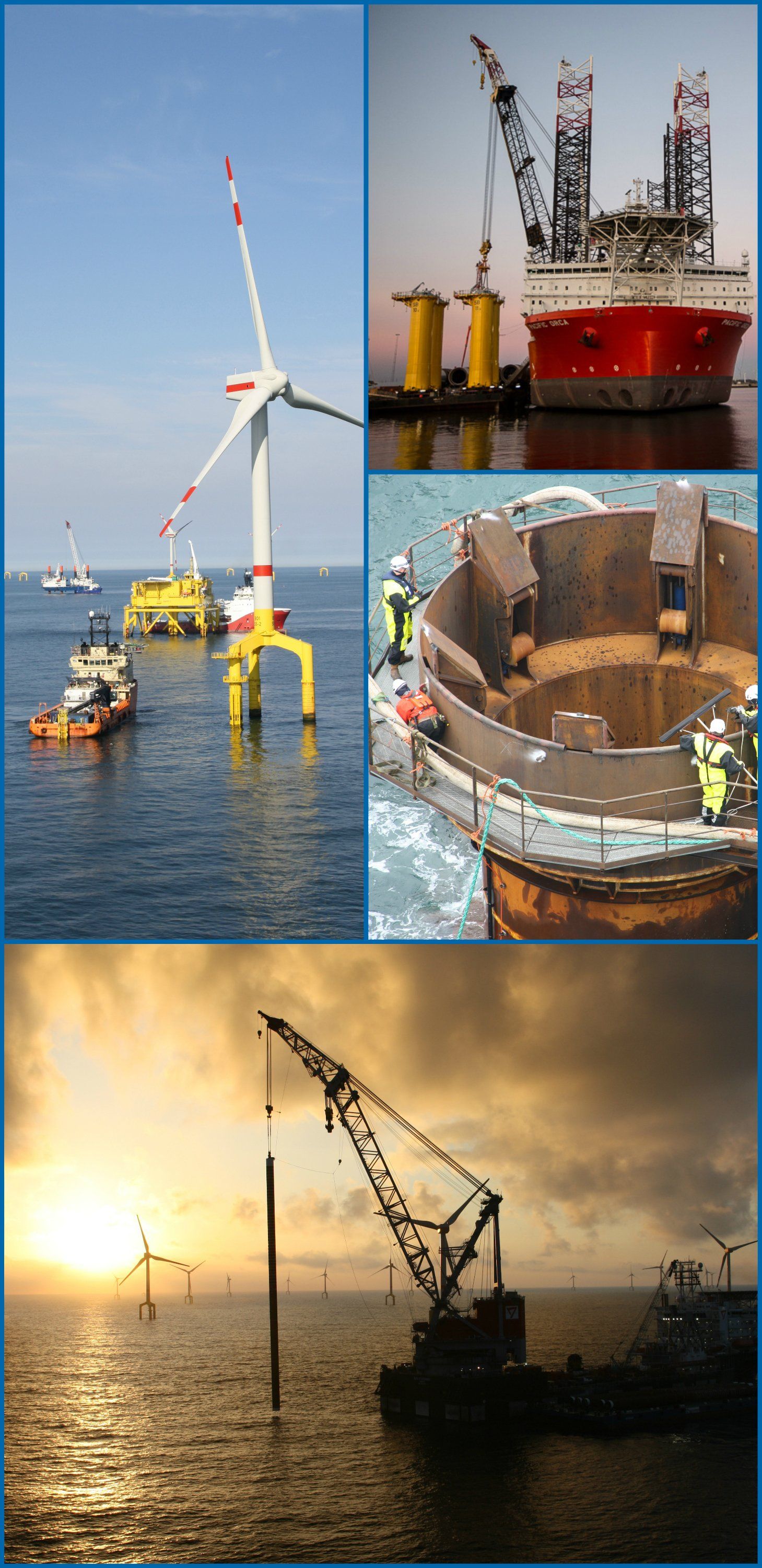 Bau eines Offshore-Windparks: Kräne, Turbine, Lastkahn im Meer. Sonnenuntergang.