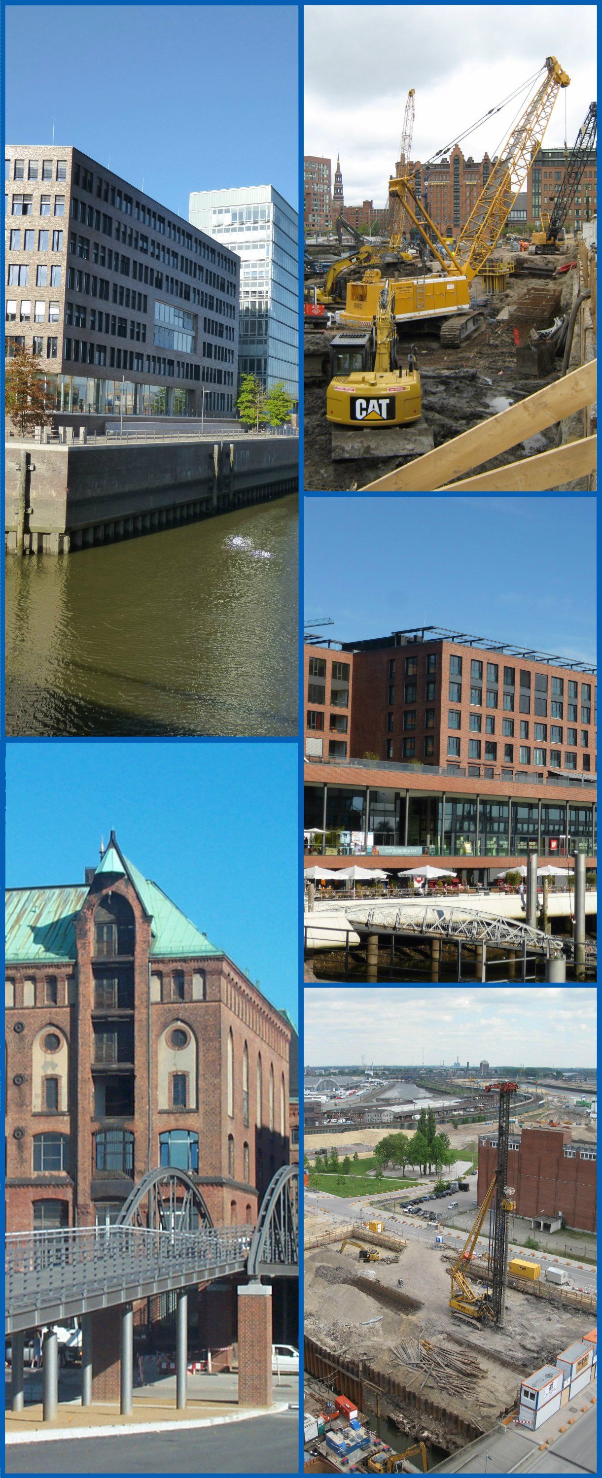 Collage von Stadtszenen: Gebäude, Baustellen, Wasser.