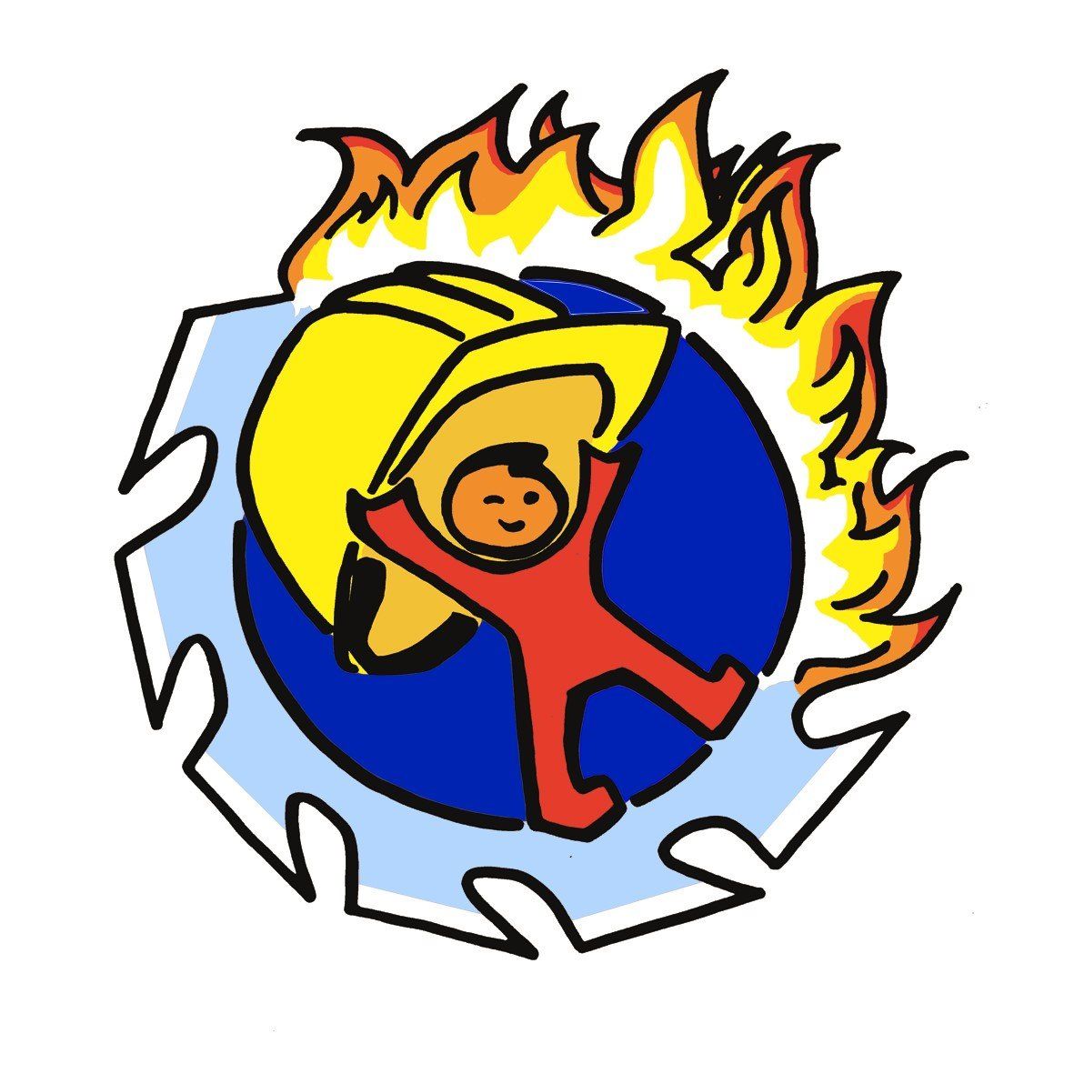 Eine Person in roten Flammen, die einen gelben Schutzhelm trägt und von einem blauen Kreis und einem Sägeblatt umgeben ist.