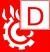 Rotes Logo mit Zahnrad und Flamme, ein weißes Quadrat mit dem Buchstaben „D“.