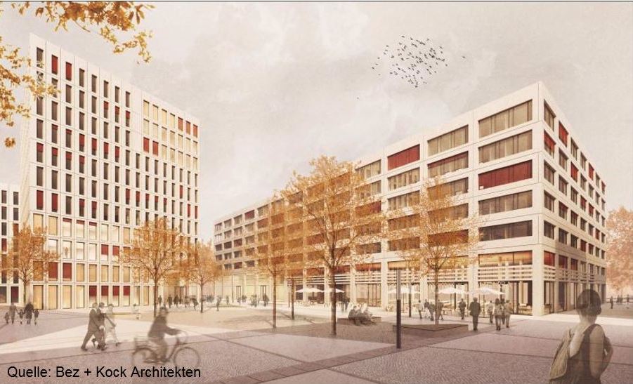 Zwei moderne Gebäude mit roten Akzenten und ein Außenplatz, auf dem Menschen spazieren gehen und Rad fahren.