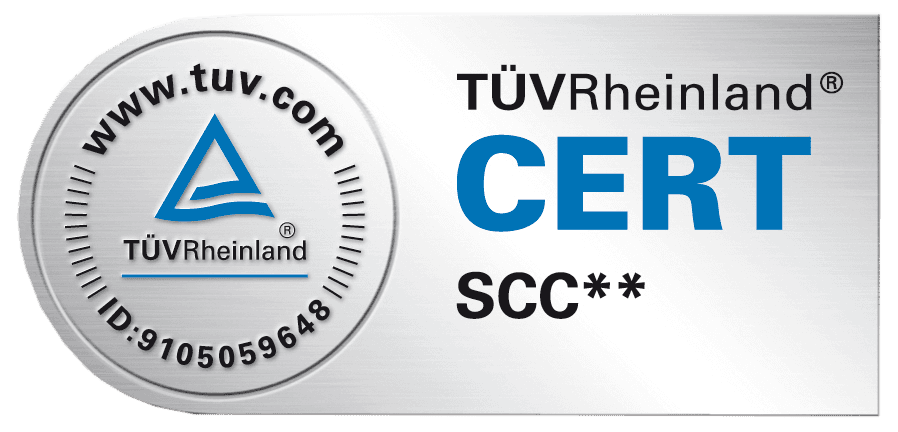 TÜV Rheinland CERT SCC** Logo, mit kreisförmiger Grafik und Text auf silbernem Hintergrund.